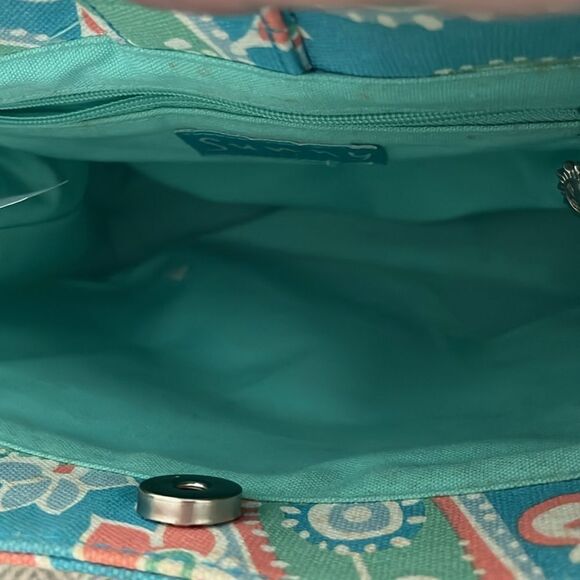 Sunny Hawaii Paisley Print Light Teal and Coral Handbag with Bamboo Handle VTG - Picture 5 of 9